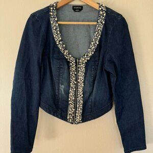 Bebe Women's Zip Denim Jean Jacket With Faux Pearls. Size L